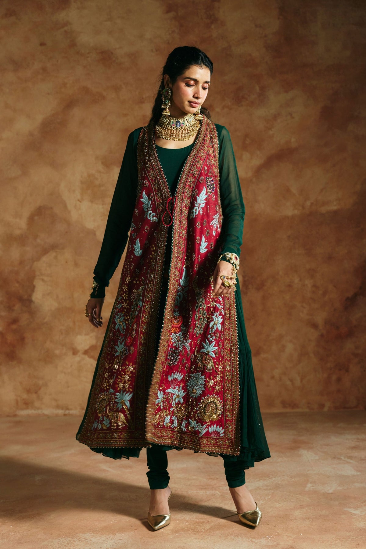 Red Sindh Zardozi Jacket Set