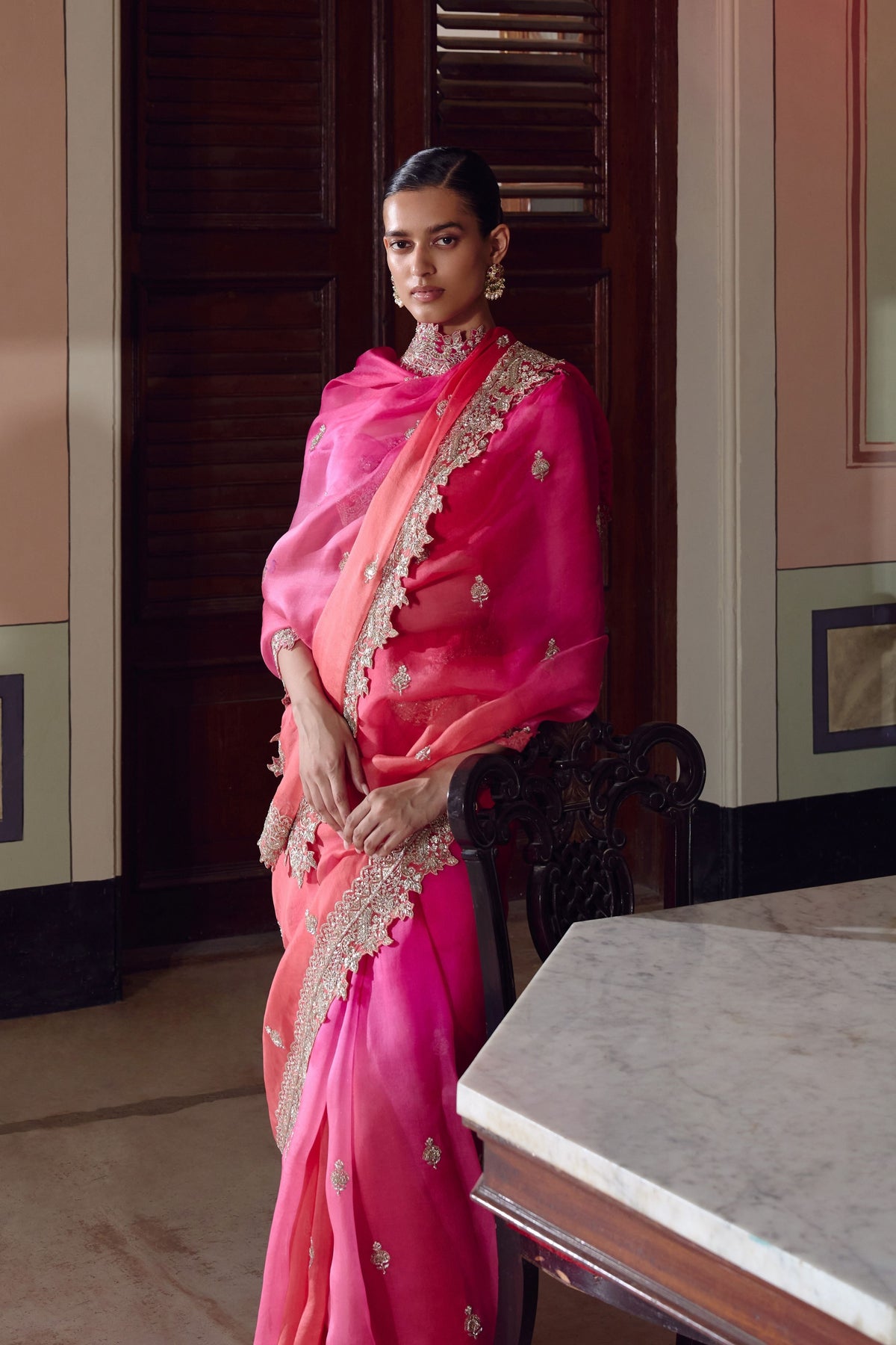 Pink To Red Ombre Saree Set