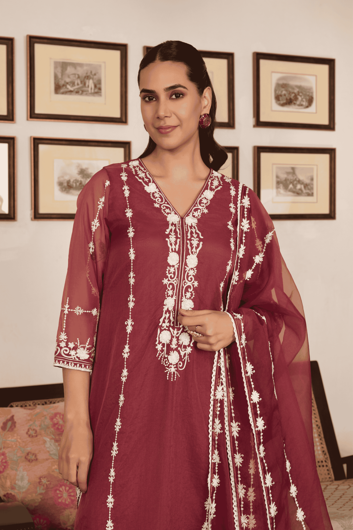 Brown Embroidered Kurta Set