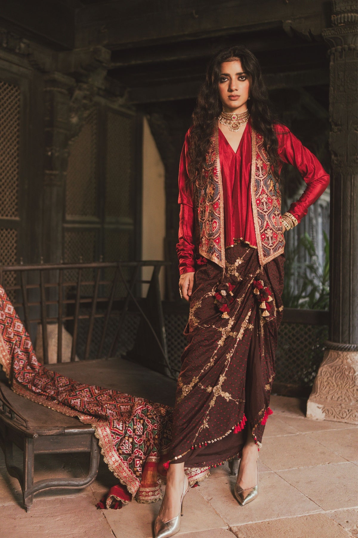 Komal Brown Draped Skirt Set