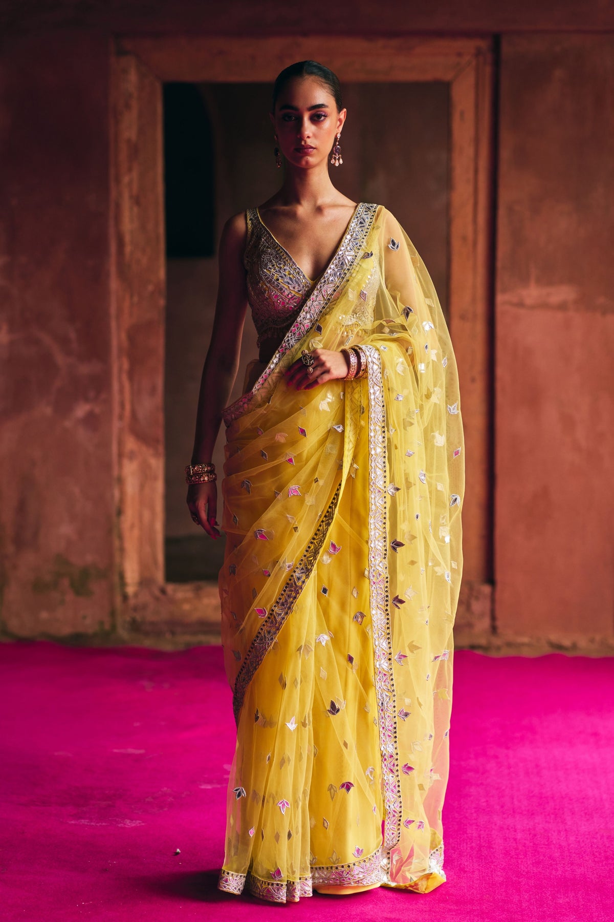 Sunshine Yellow Net Saree Set