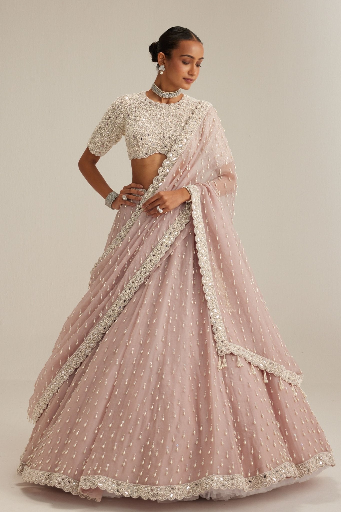 Ash Pink OAS Pearl Drop Lehenga - Vvani by Vani Vats - Elahe