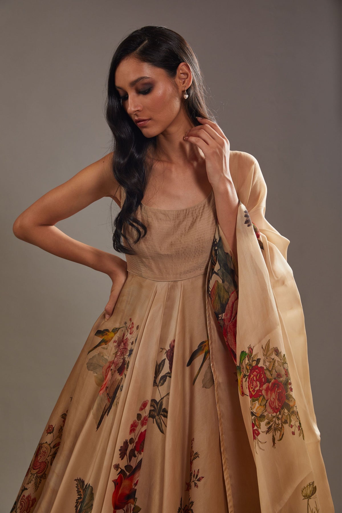 Printed Anarkali Set in Beige