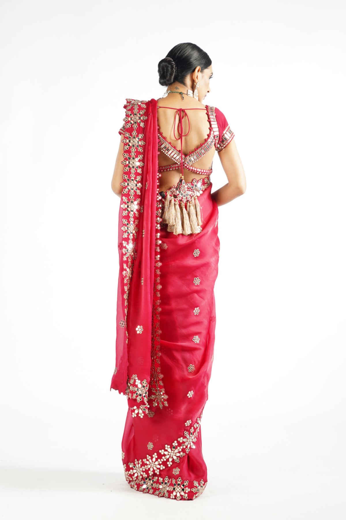 Crimson Red Mirror Work Saree Set