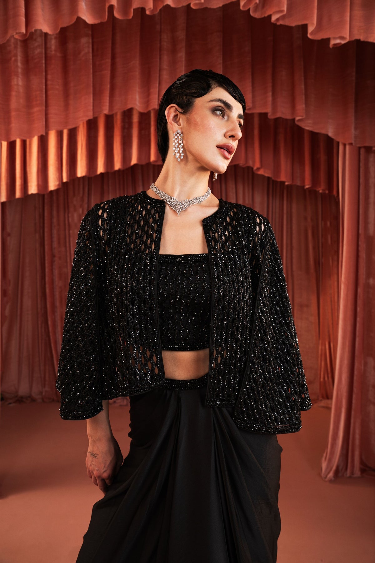 Black Beaded Cape Set