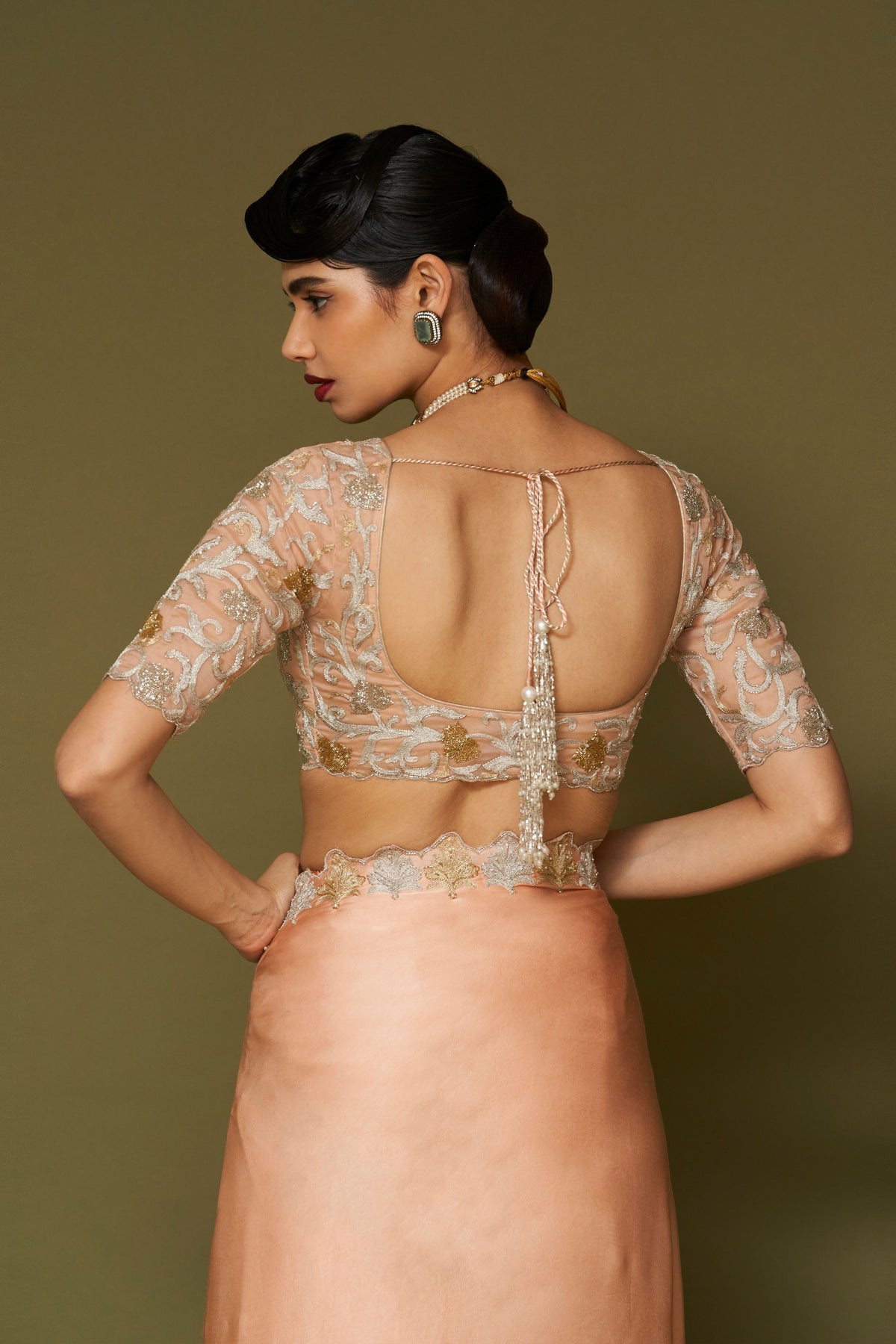 Apricot Embroidered Saree Set