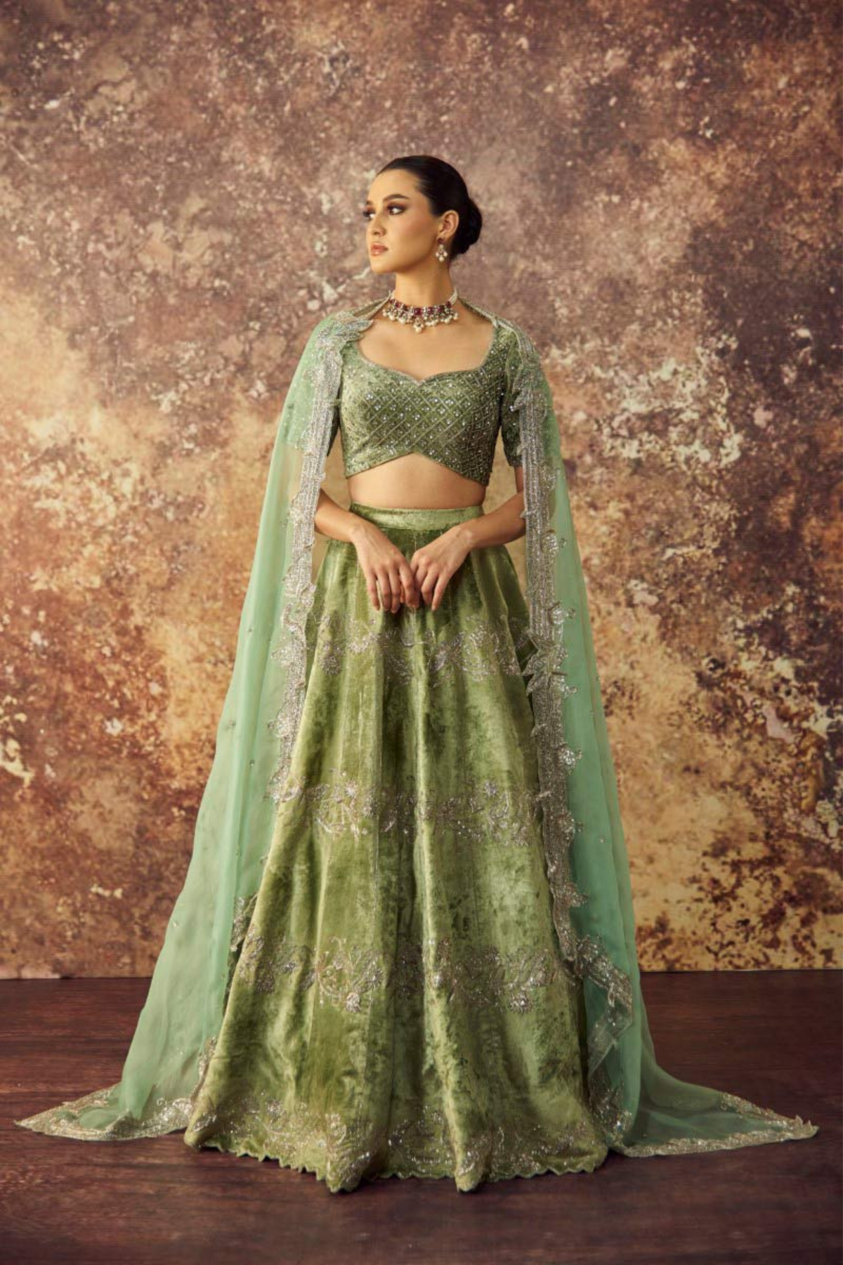 Mint Green Four Band Lehenga Set