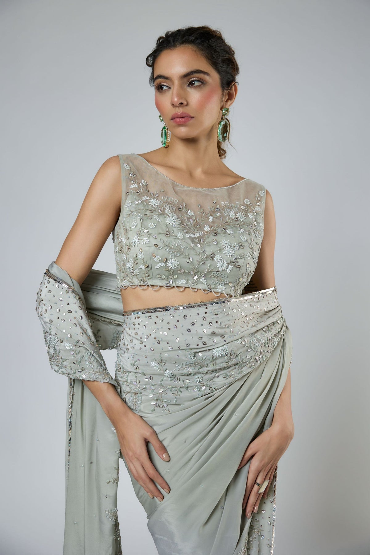 Dusty Green Draped Saree Set