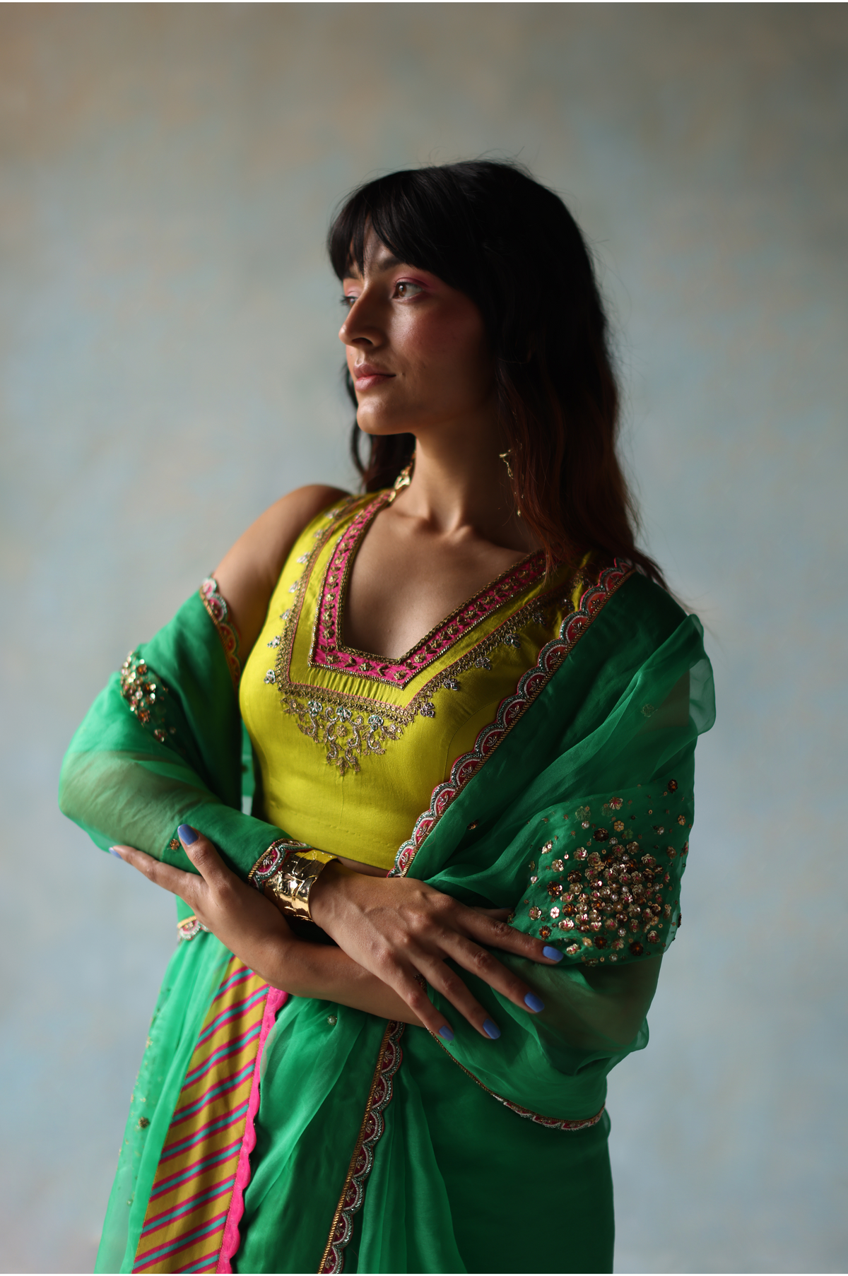 Gul Green Sequin Flower Sari