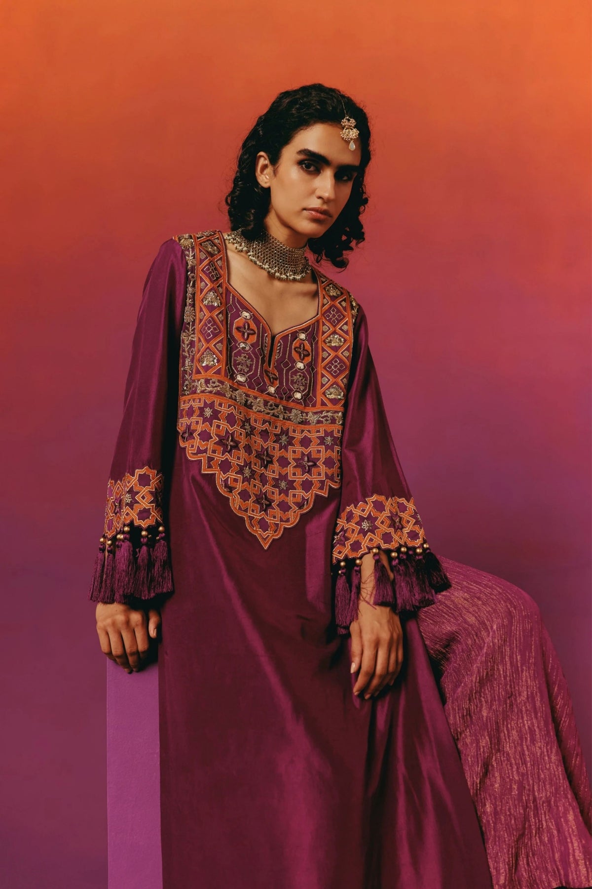 Purple Orange Jaal Kurta Set