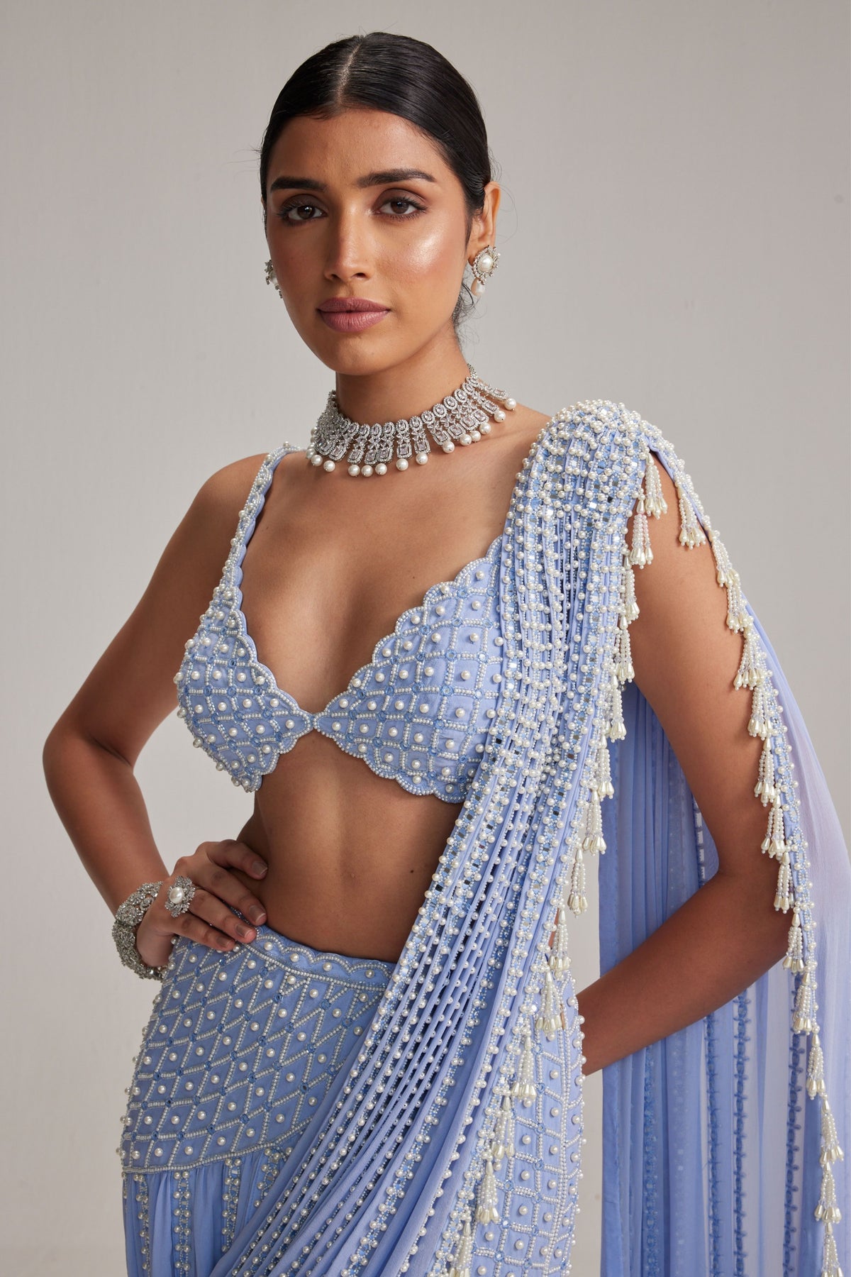 Dew Blue Embroidered Draped Saree Set