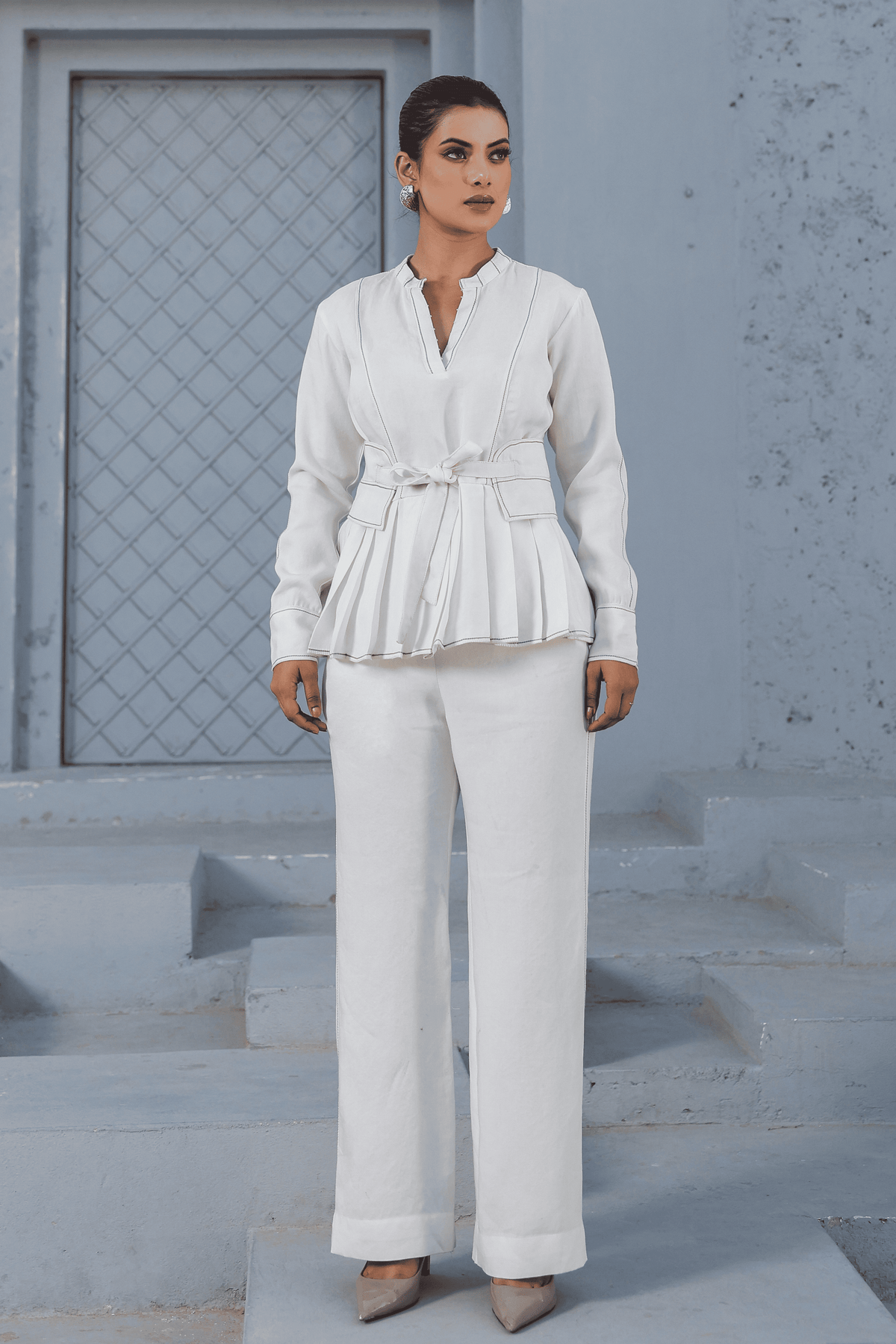 Azure Pleated Peplum Co-ord Set in White