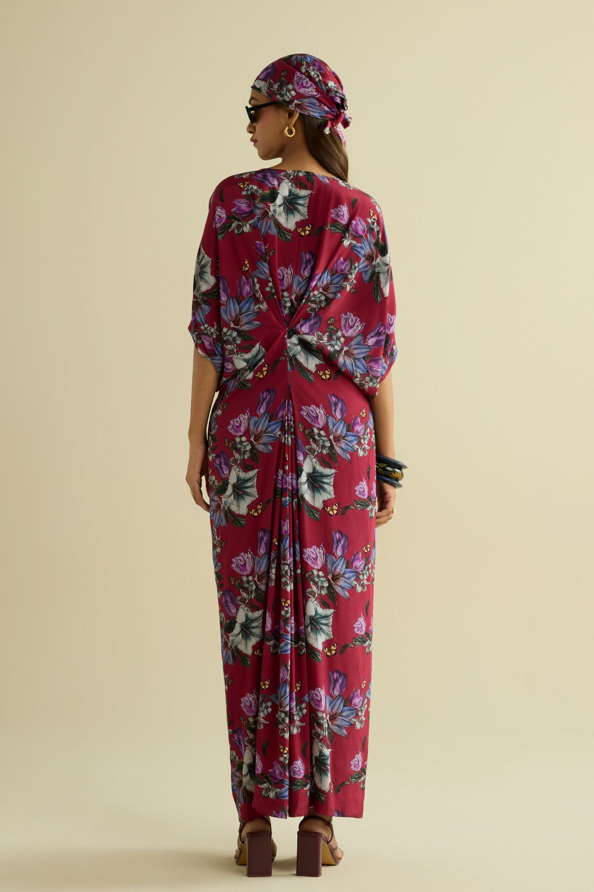 Maroon Embroidered Printed Kaftan