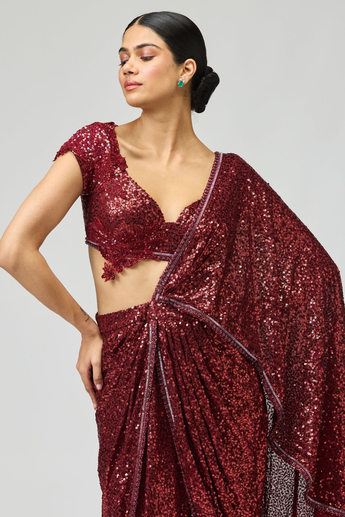 Maroon Sequin Saree Set