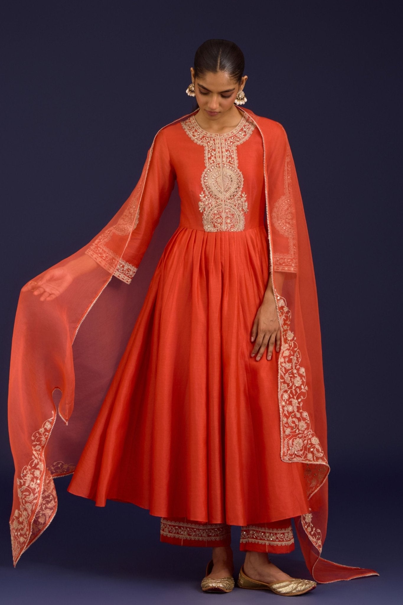 Orange Silk Chanderi Anarkali Set - Devnaagri - Elahe