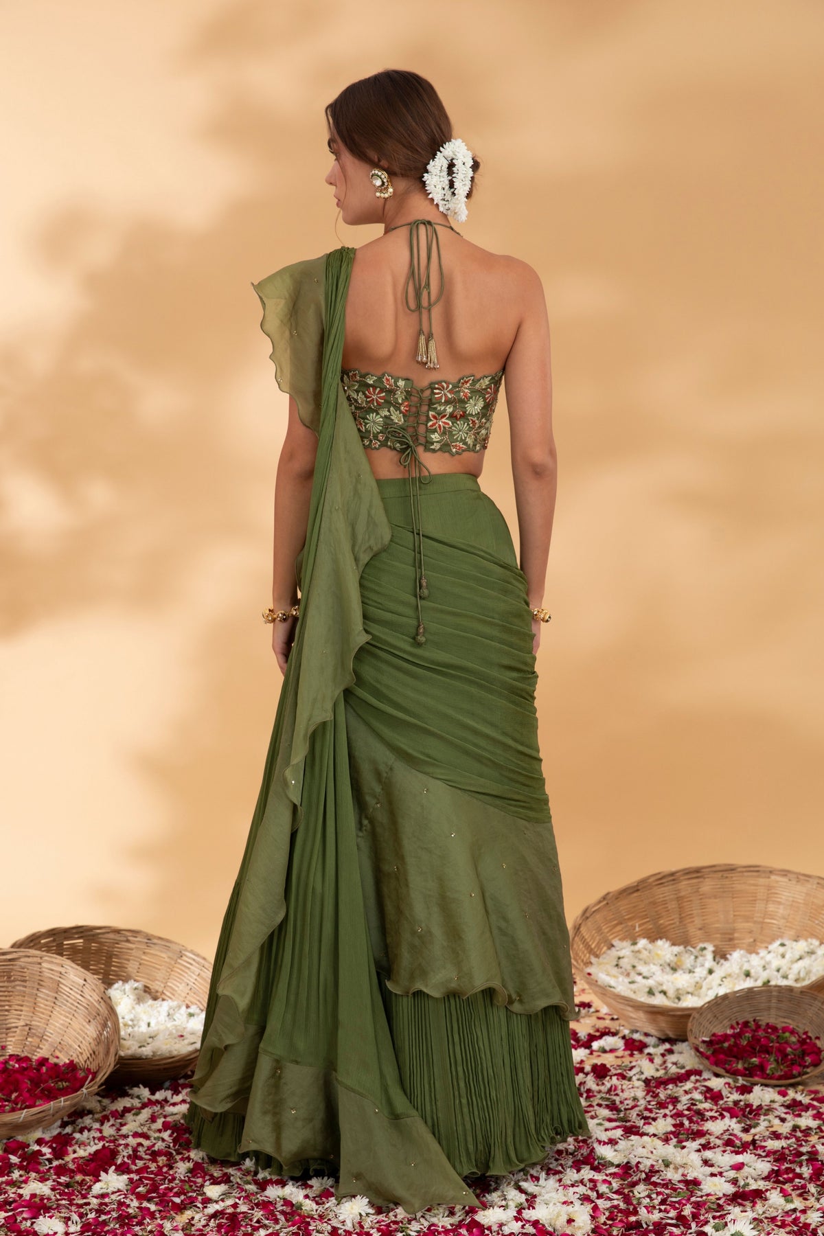 Juniper Green Pre Draped Saree Set