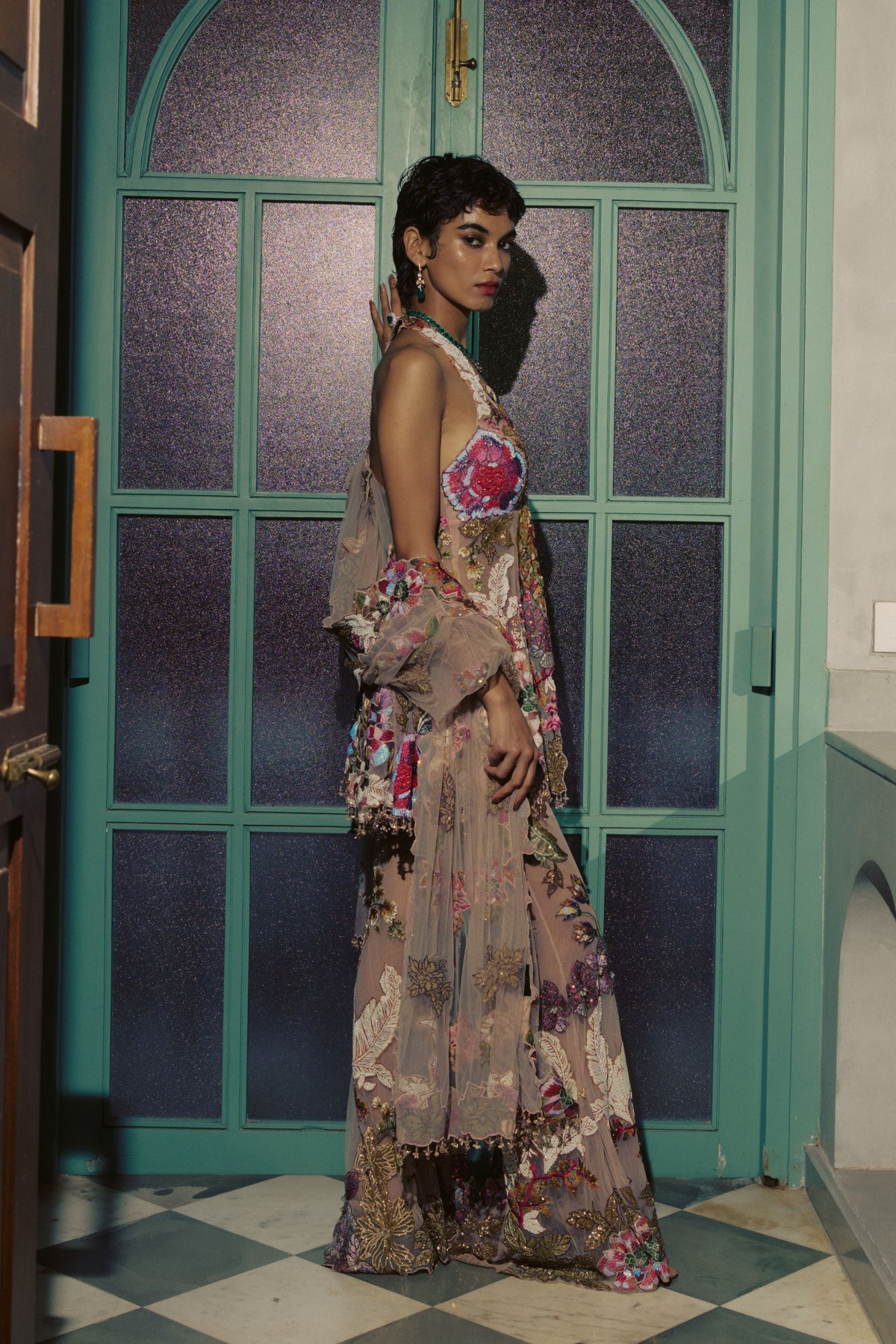 Peach Patchwork Peplum Sharara Set