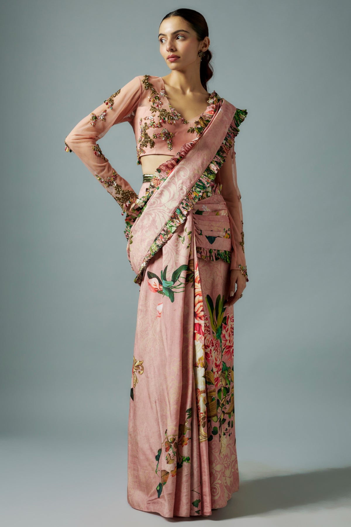 Pink Botanical Printed Saree Set