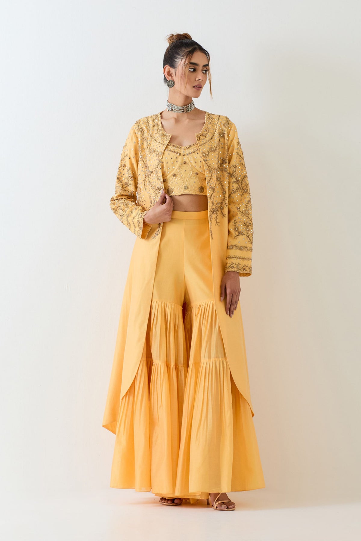 Chanderi Silk Long Jacket Sharara Set