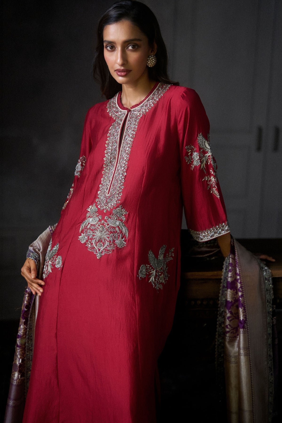 Red Embroidered Kurta Set