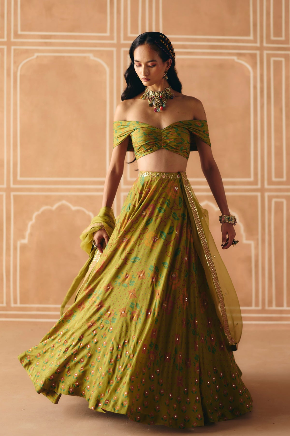 Parrot Green Off Shoulder Lehenga