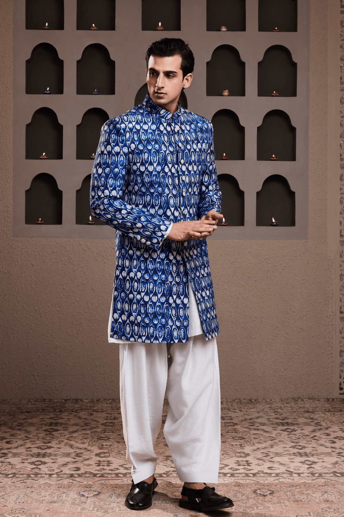 Indigo Printed Sherwani Kurta Set