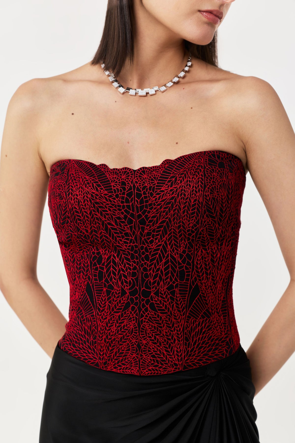 Moss Forest Black Red Embroidered Corset Set