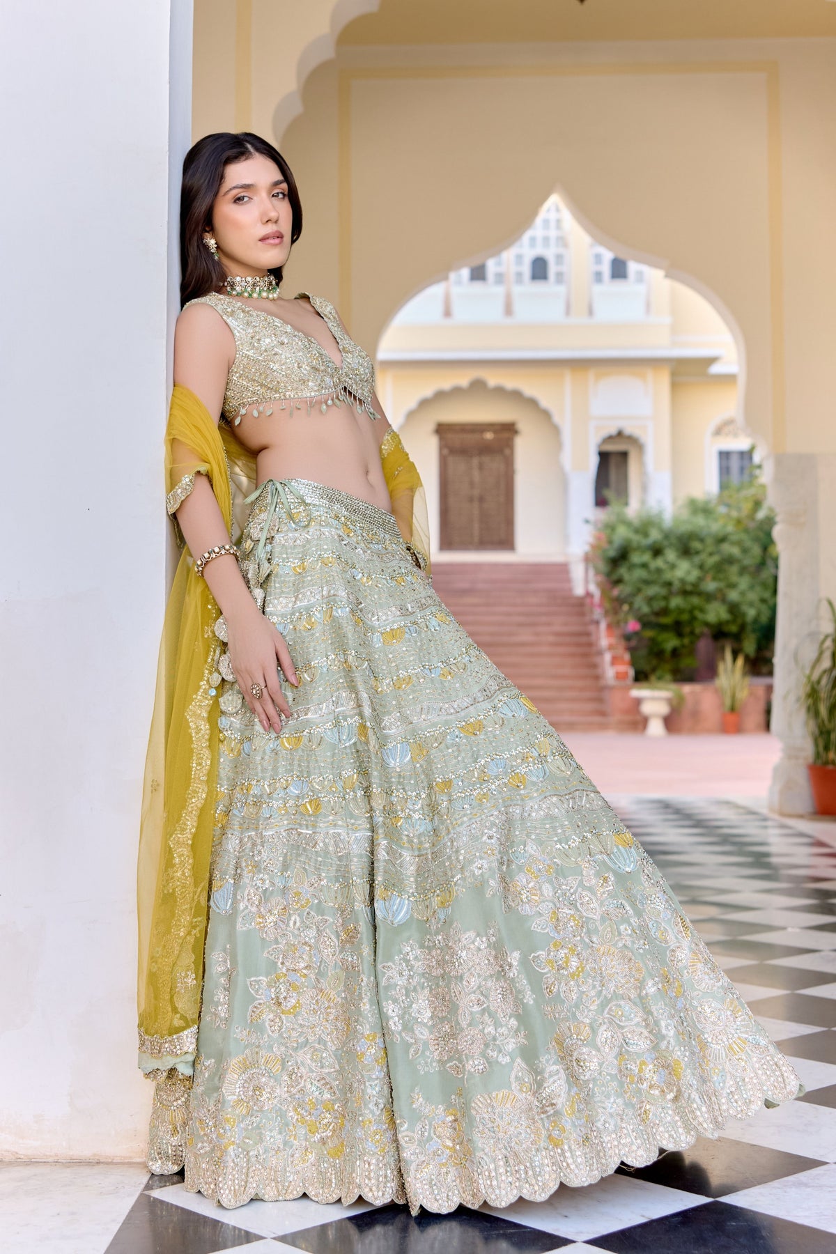 Sage Embroidered Tissue Lehenga Set