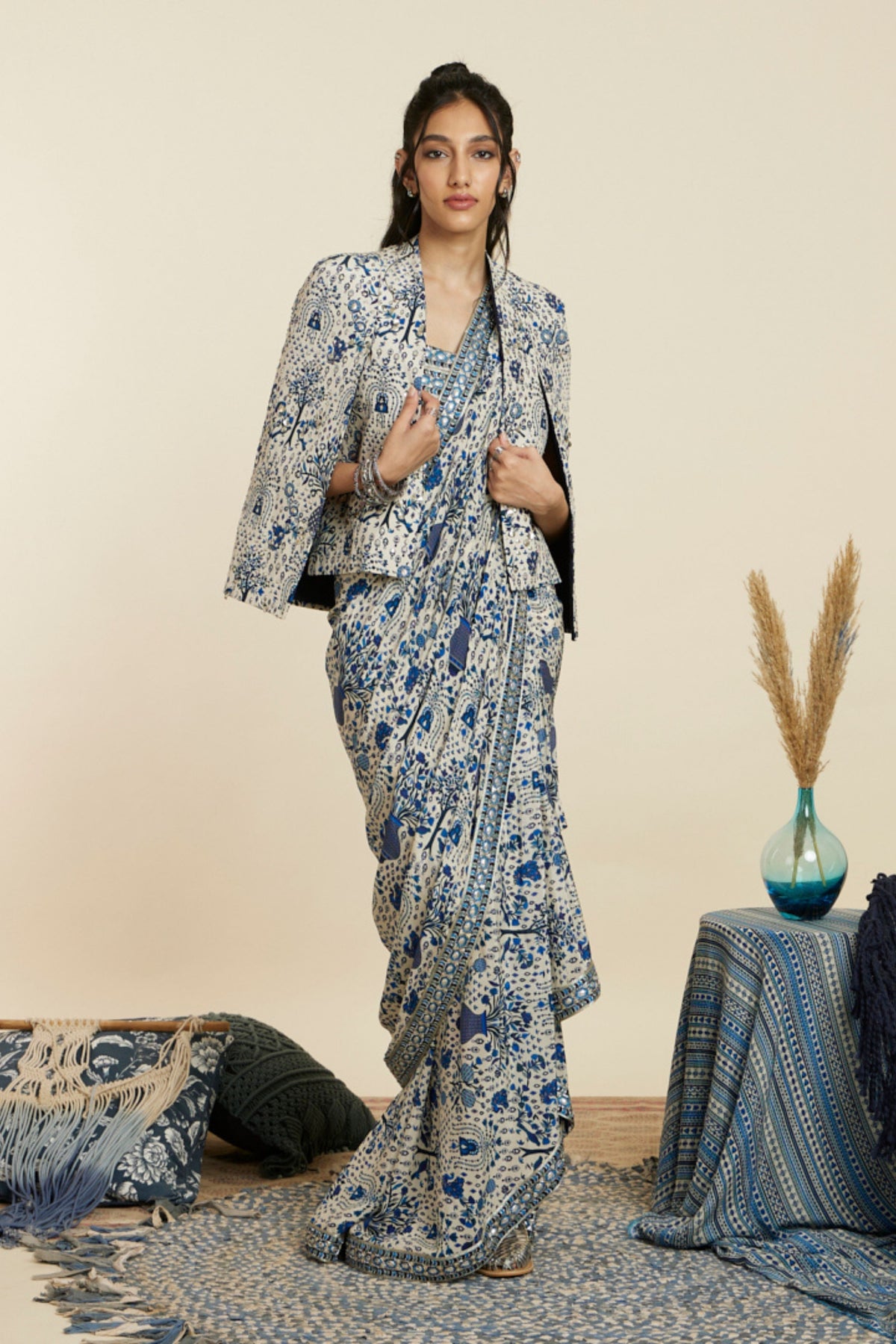 Blue Cascade Saree Set With Jacket