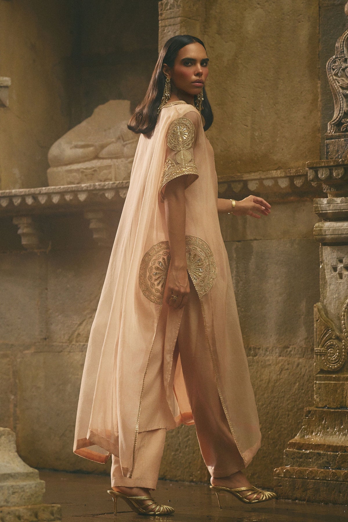 Beige Organza Kaftan Set