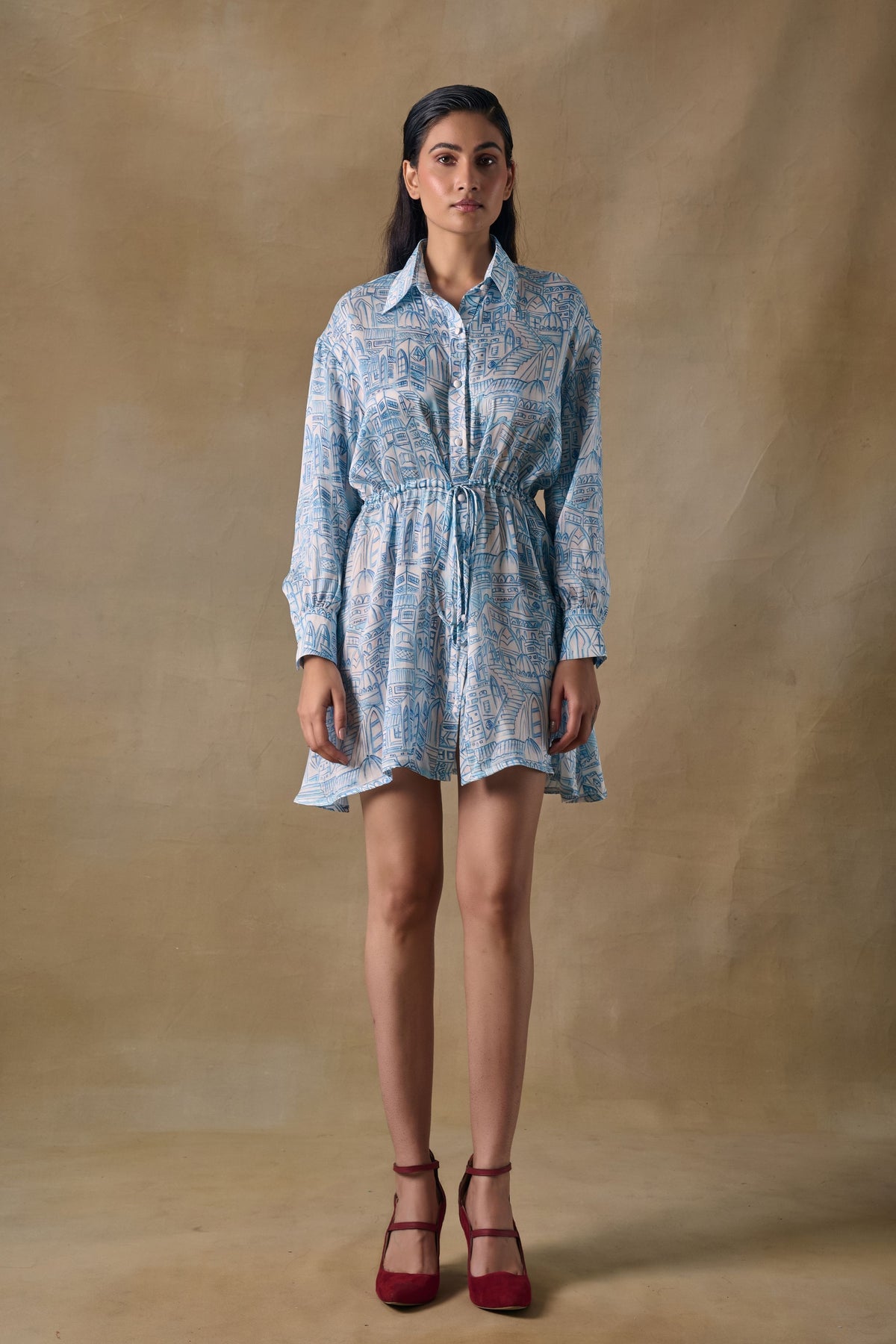 Blue Landscape Gathered Dress