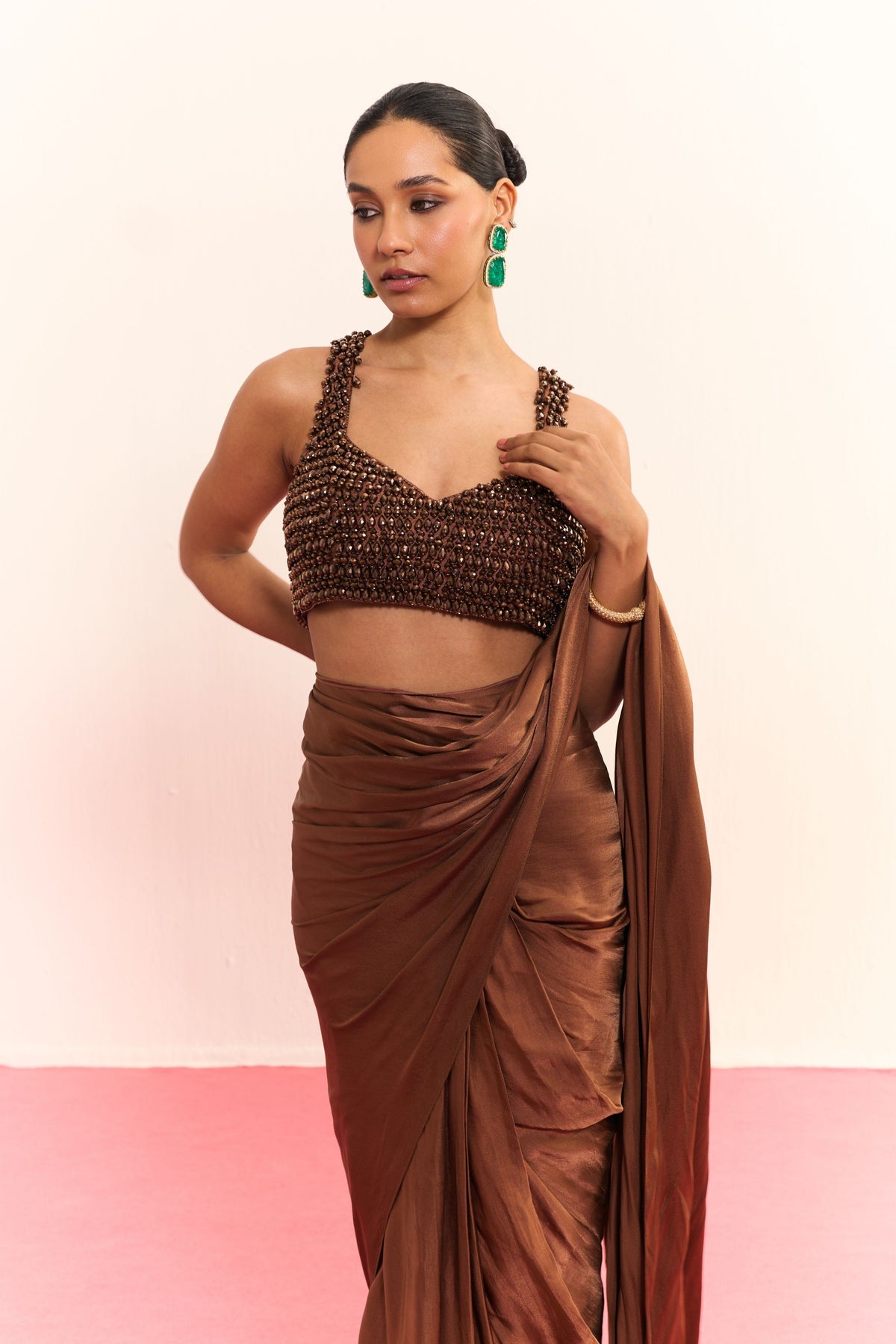 Umber Glow Draped Saree Set