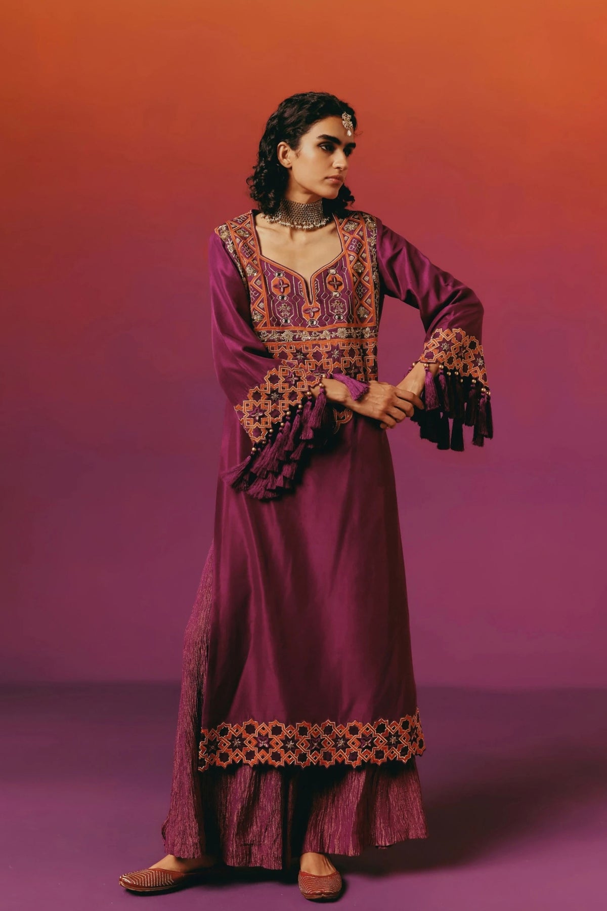 Purple Orange Jaal Kurta Set