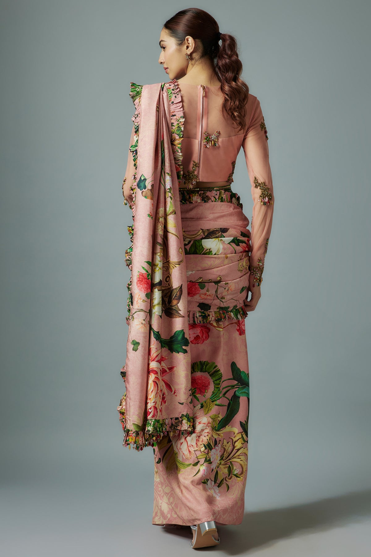 Pink Botanical Printed Saree Set