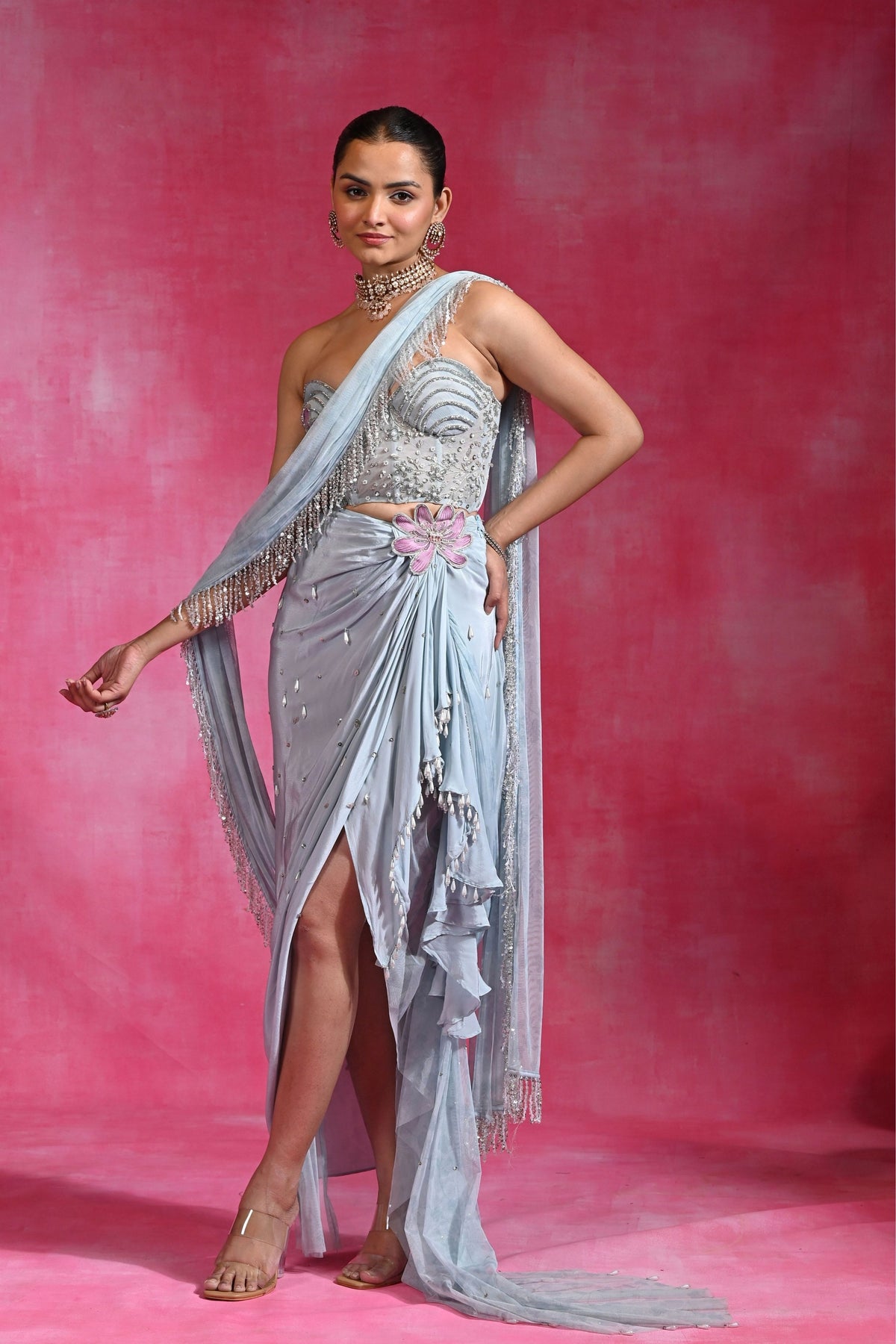 Ice Blue Crush Draped Saree
