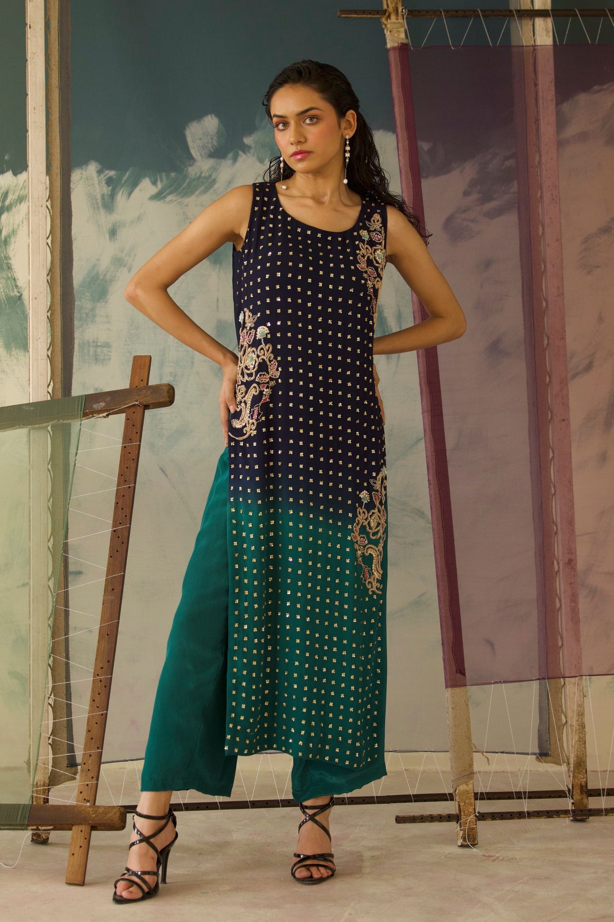 Blue and Green Kurta Set