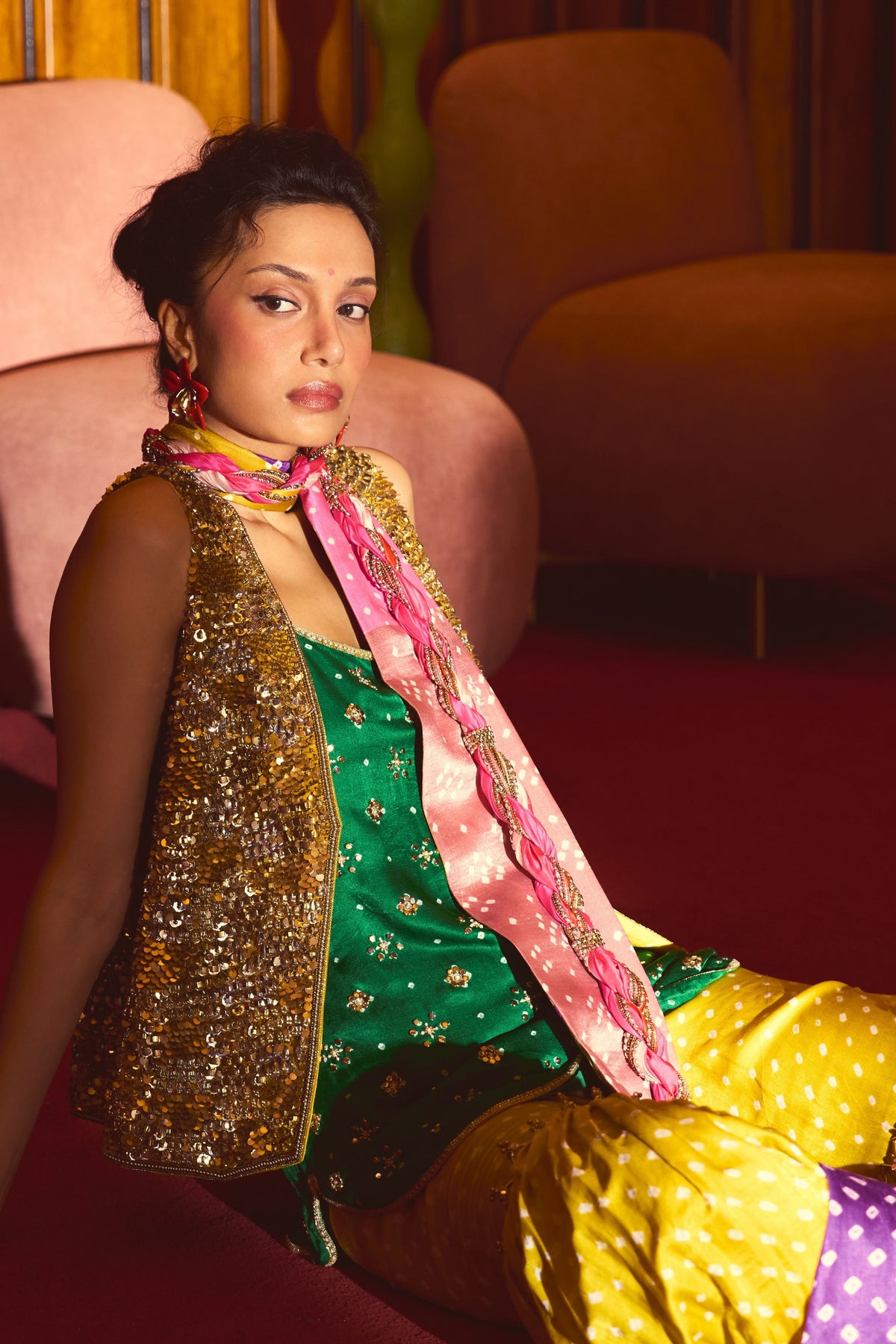 Barsaat Citrine Sequin Waistcoat Set