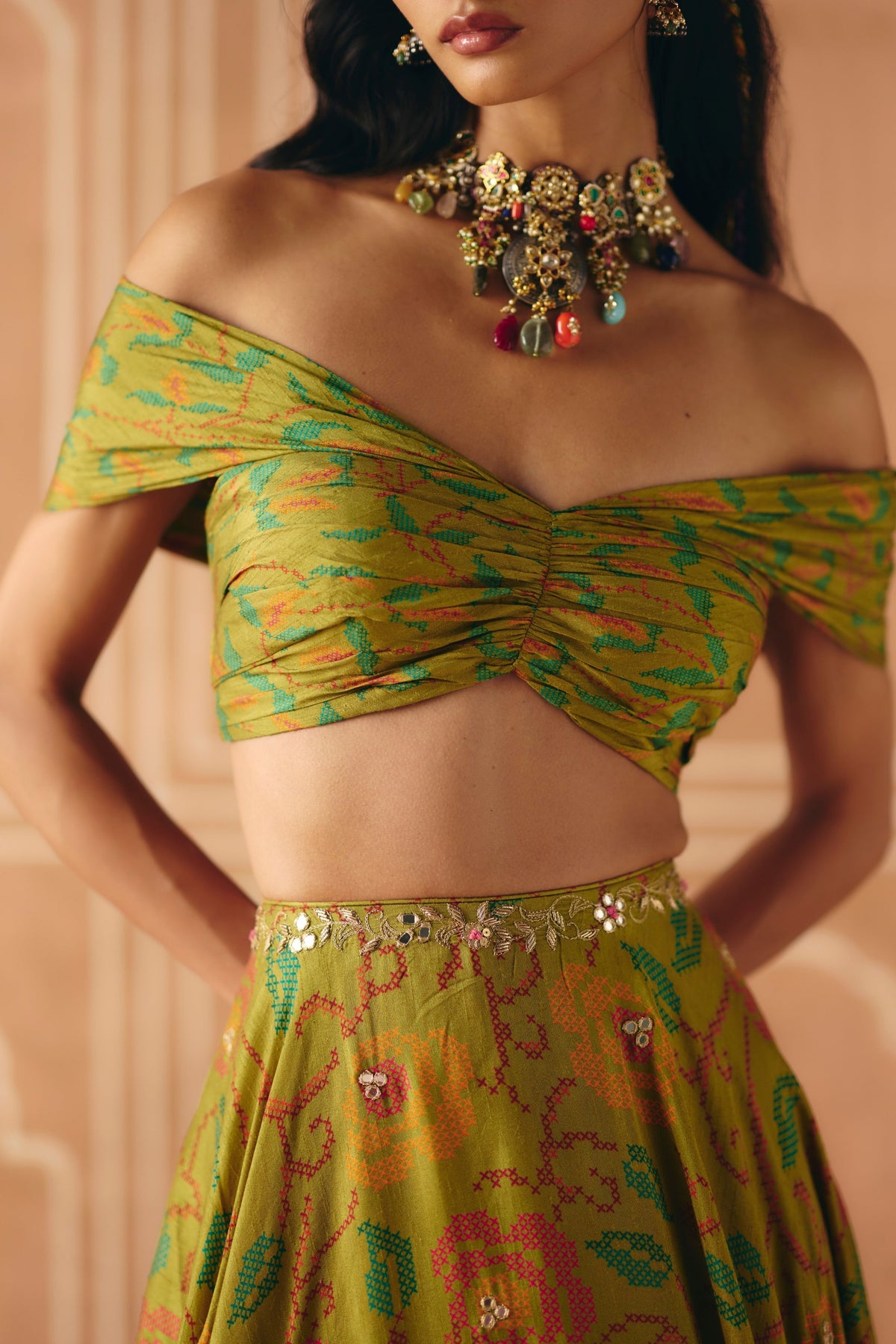Parrot Green Off Shoulder Lehenga