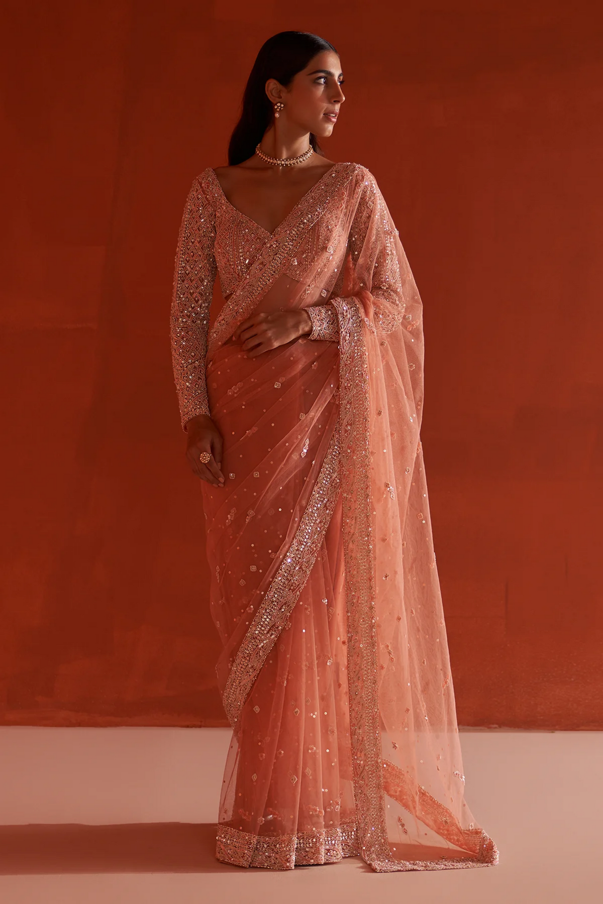 Pastel Orange Net Saree