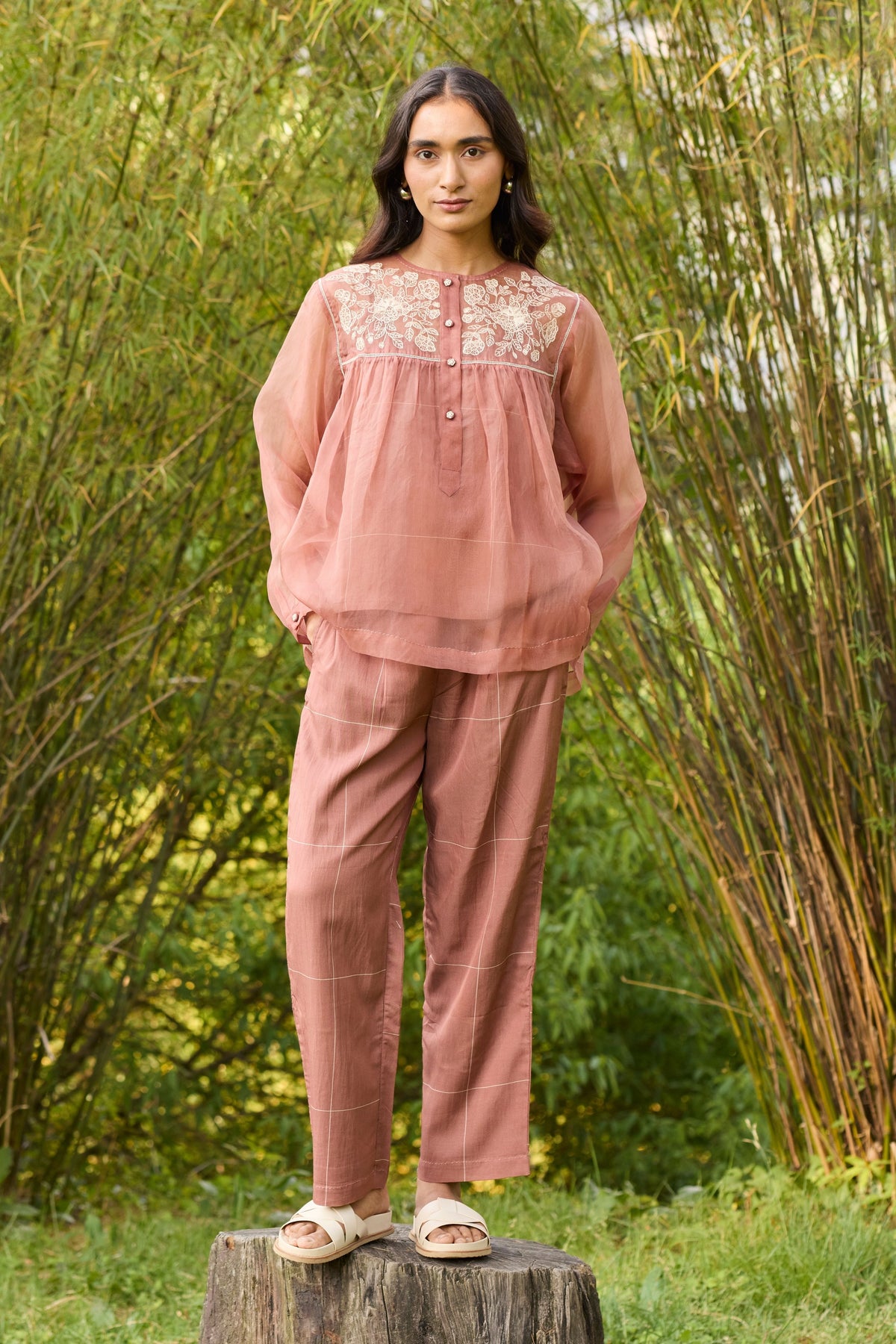 Sheer Brown Organza Yoke Top