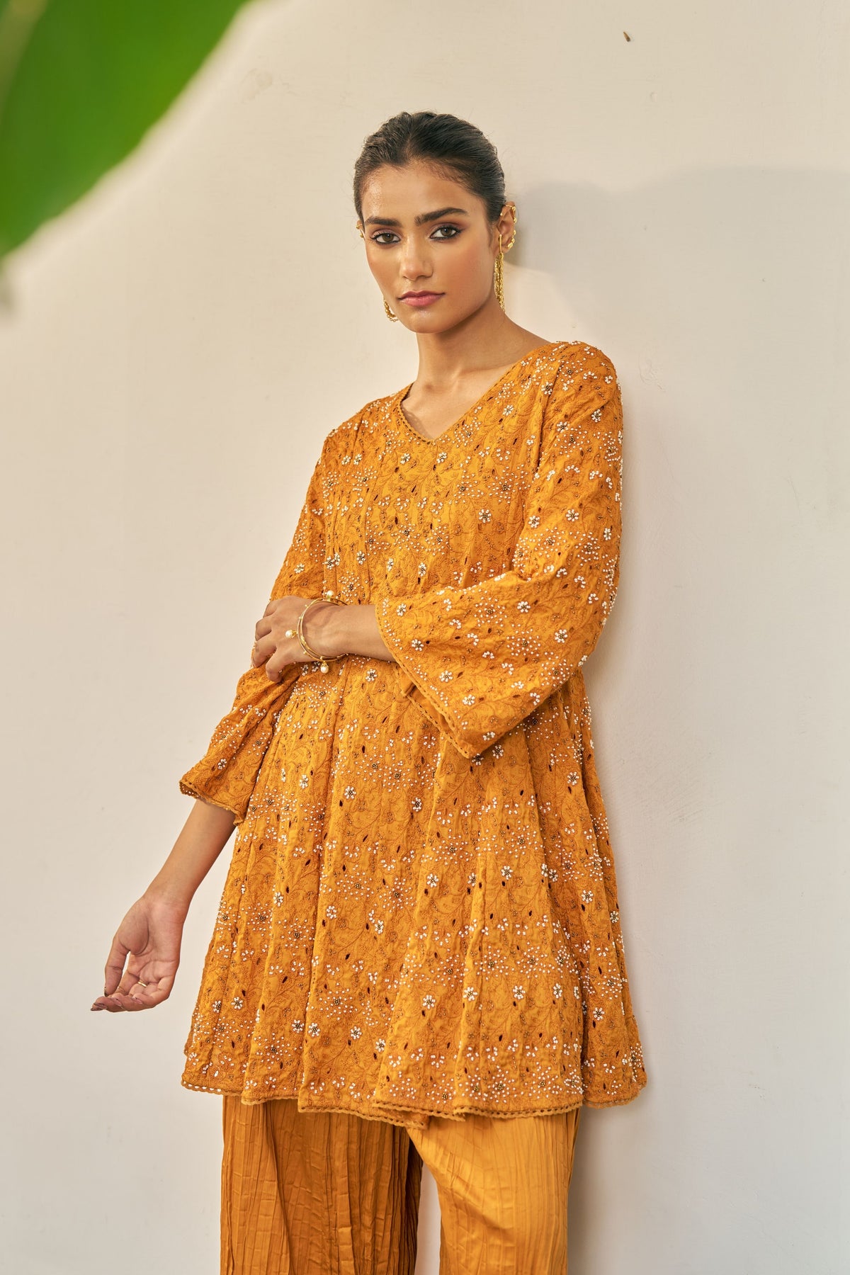 Ochre Hand Embroidered Short Kurta Set