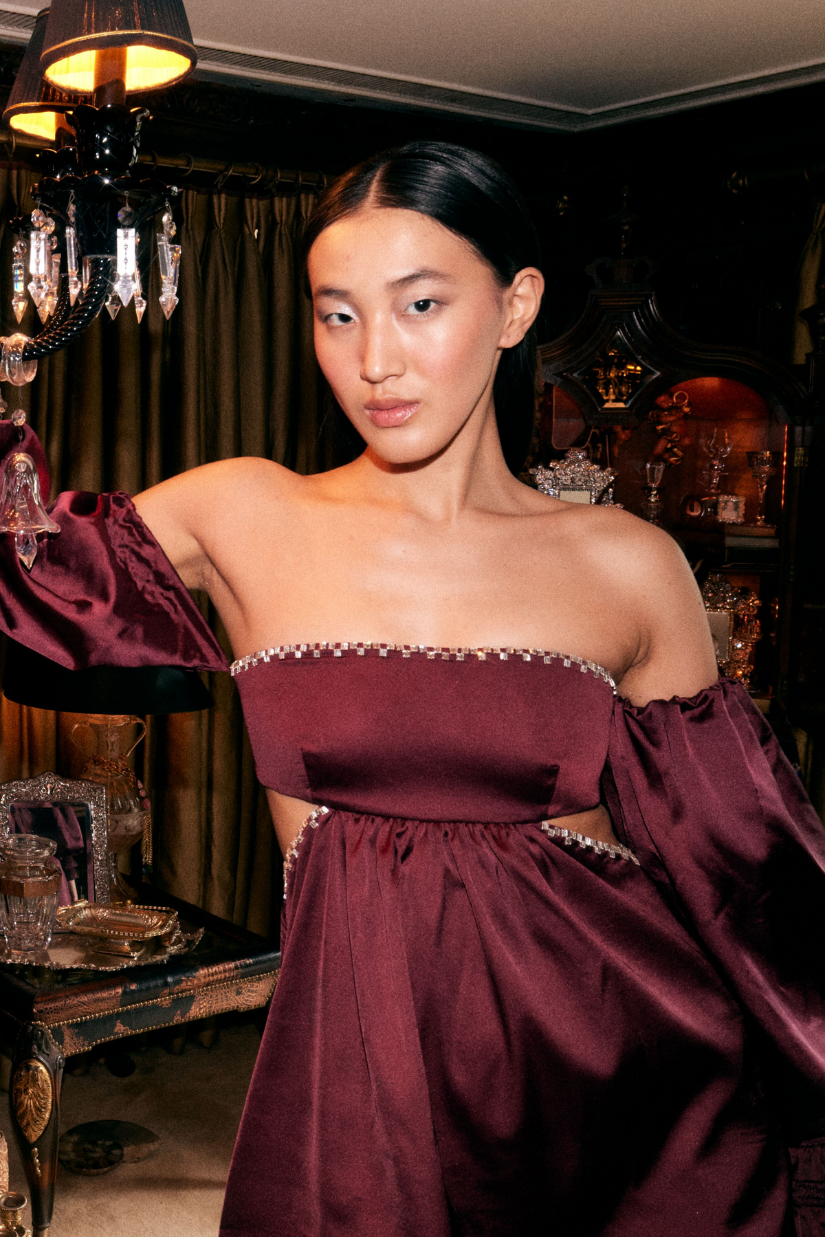 Maroon Satin Off-shoulder Dress