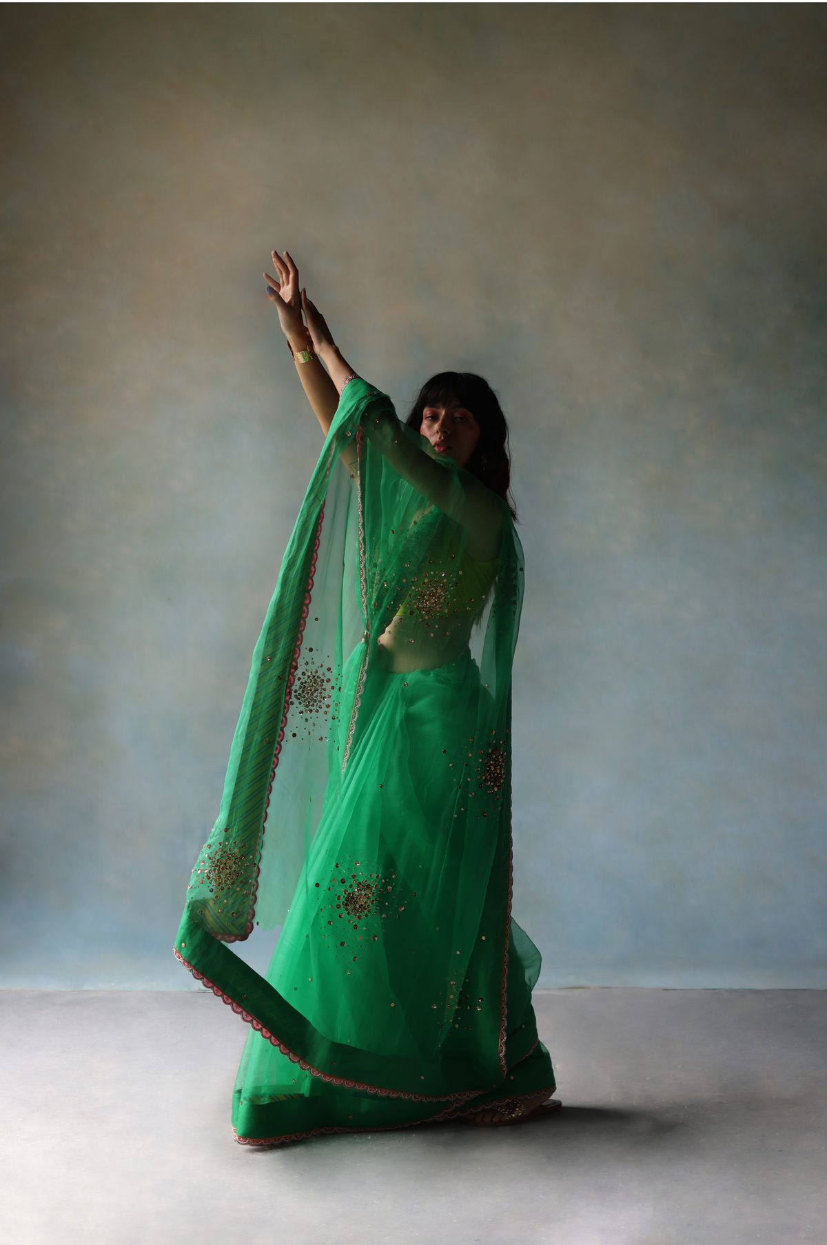 Gul Green Sequin Flower Sari