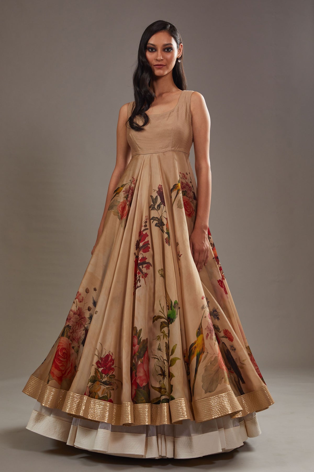 Printed Anarkali Set in Beige