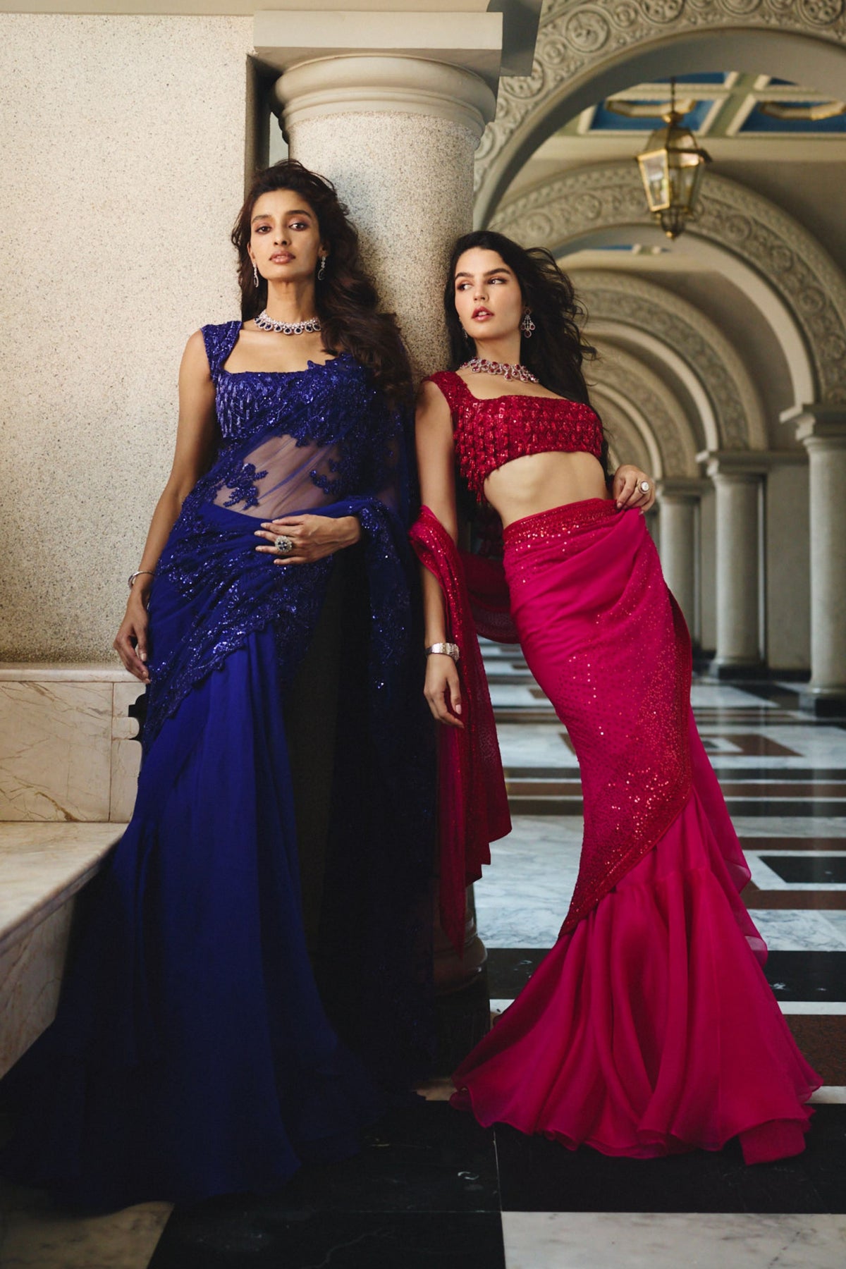 Red On Red Draped Saree Set