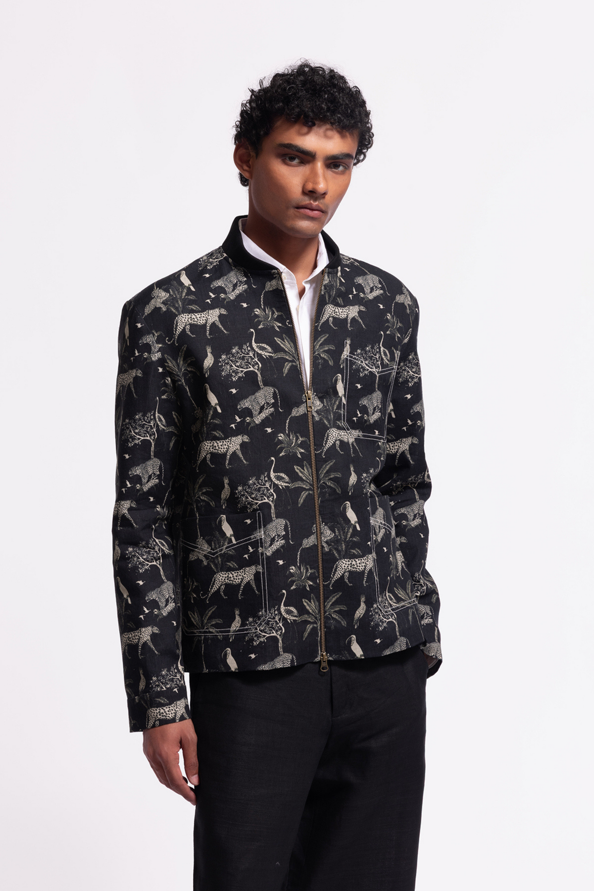 Black Linen Printed Jacket With Zip