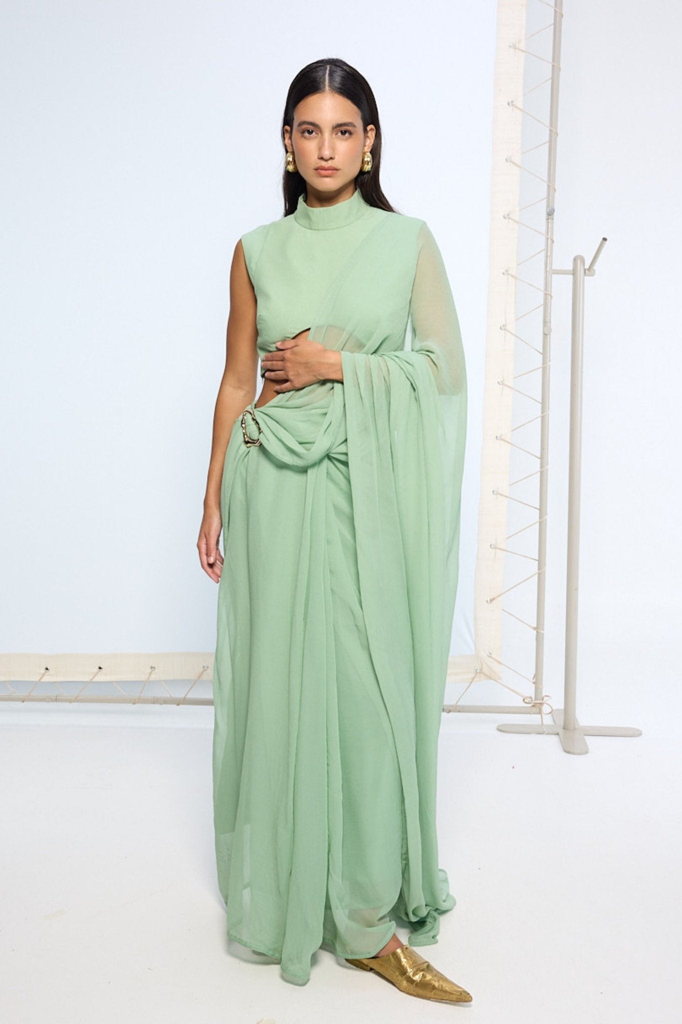 Pale Green Brooch Saree - Ekaya - Elahe