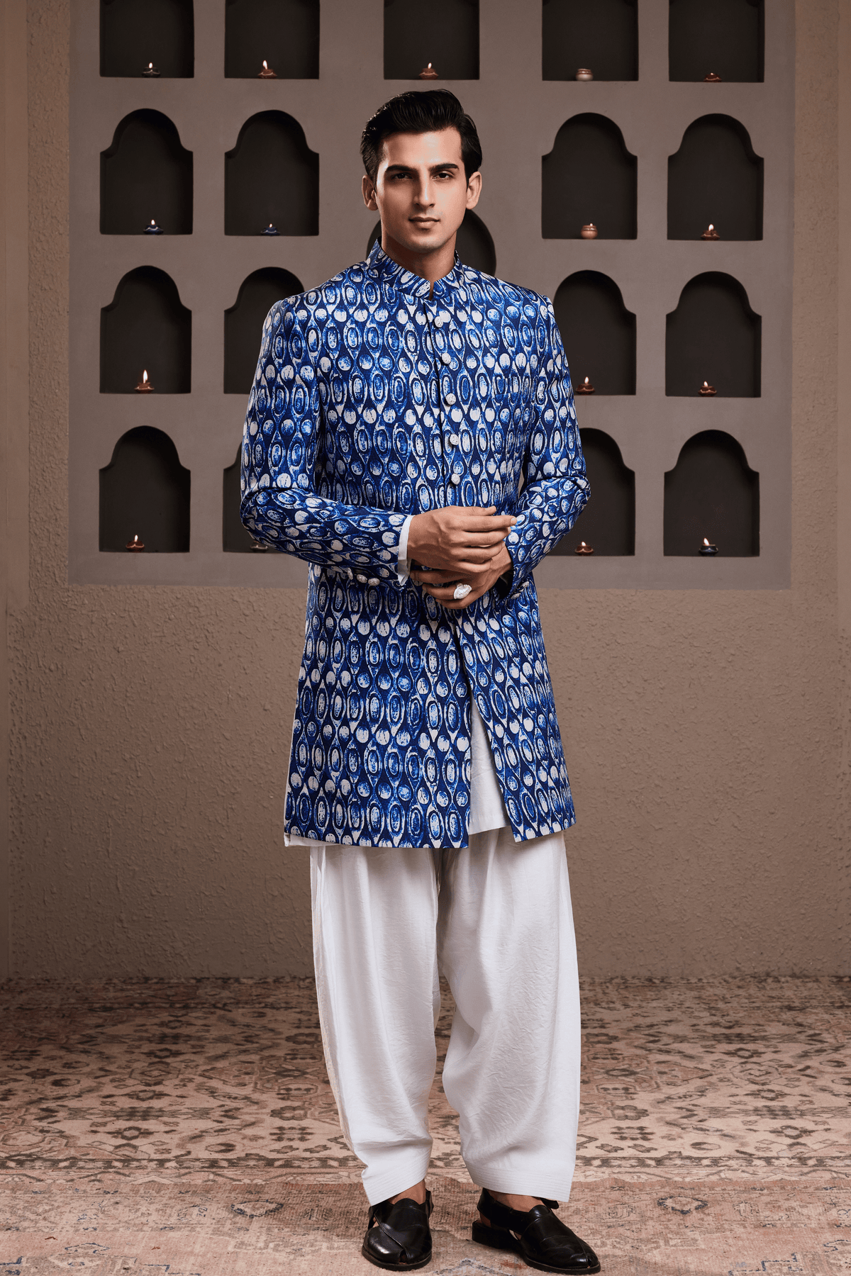Indigo Printed Sherwani Kurta Set