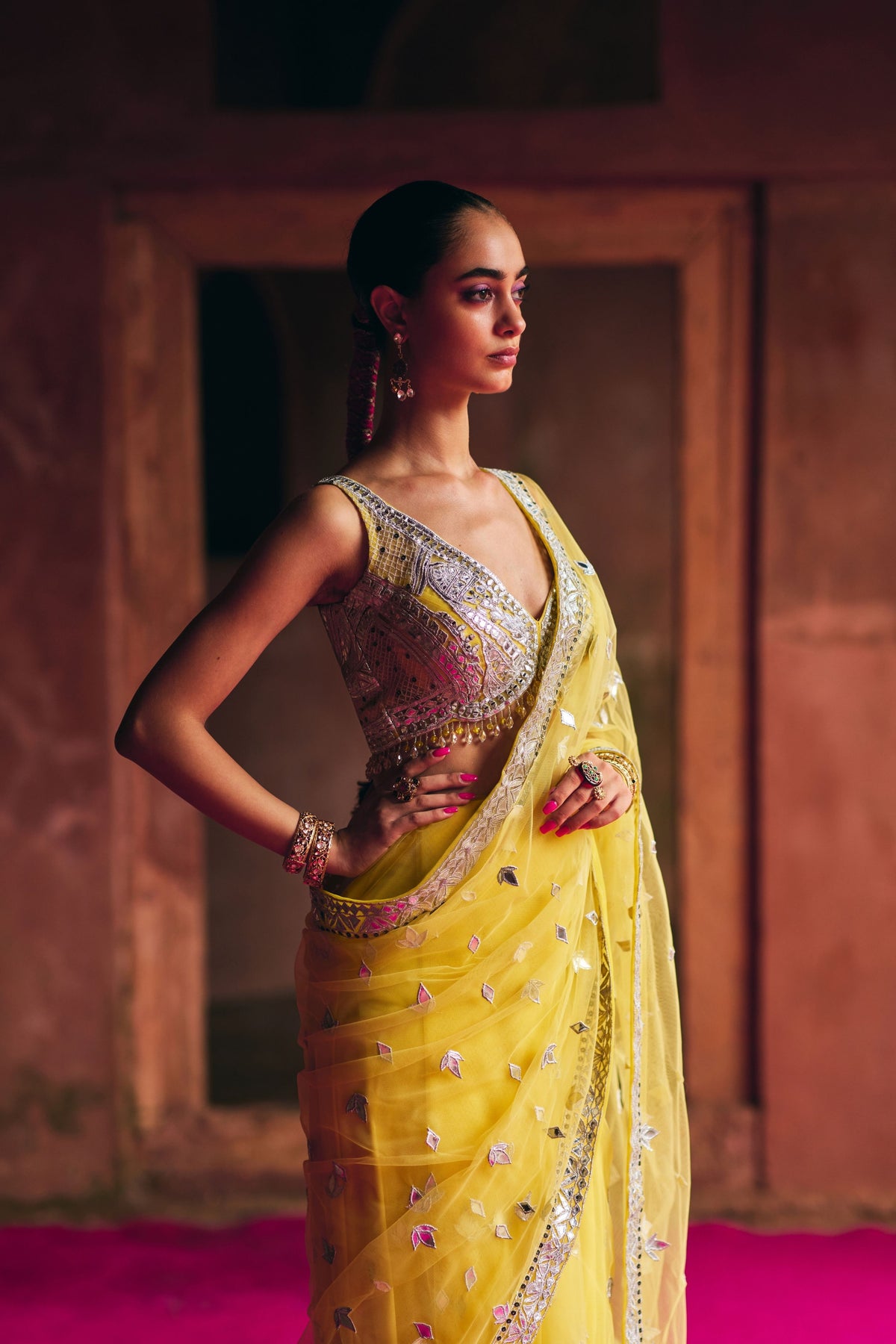 Sunshine Yellow Net Saree Set