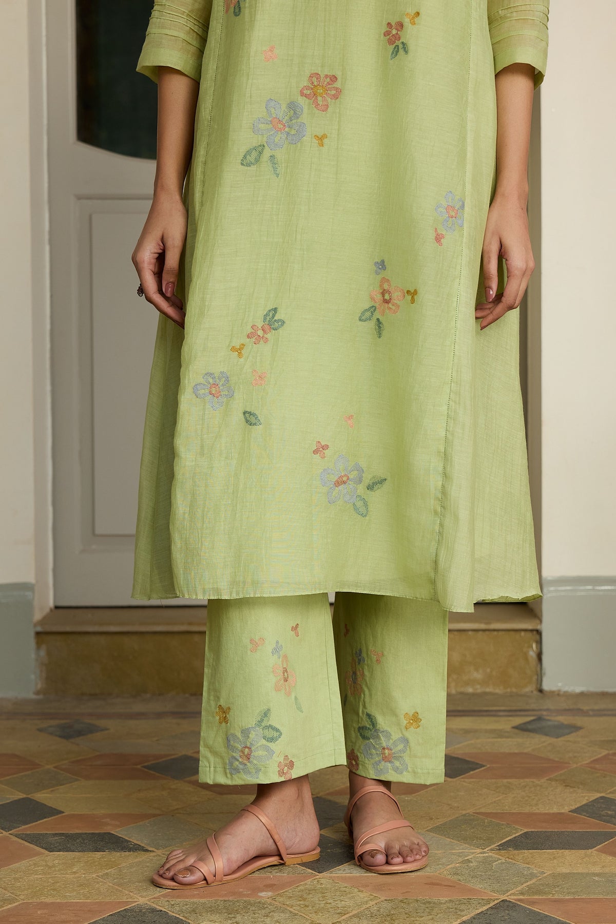 Lime Embroidered Floral Tunic Set